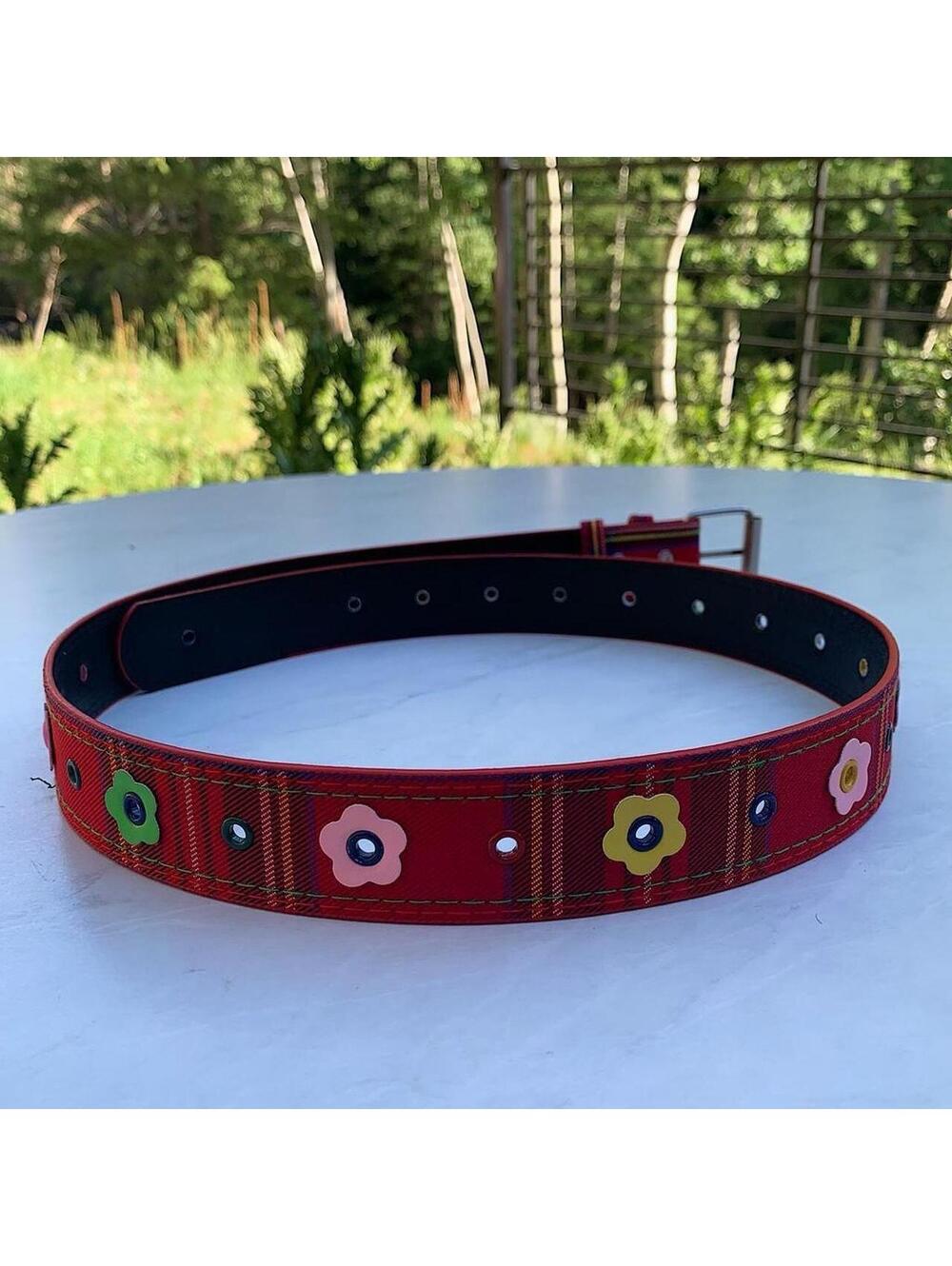 Colorful Plaid and Flower belt. Y2k style. 40 inches length - Picture 4 of 8